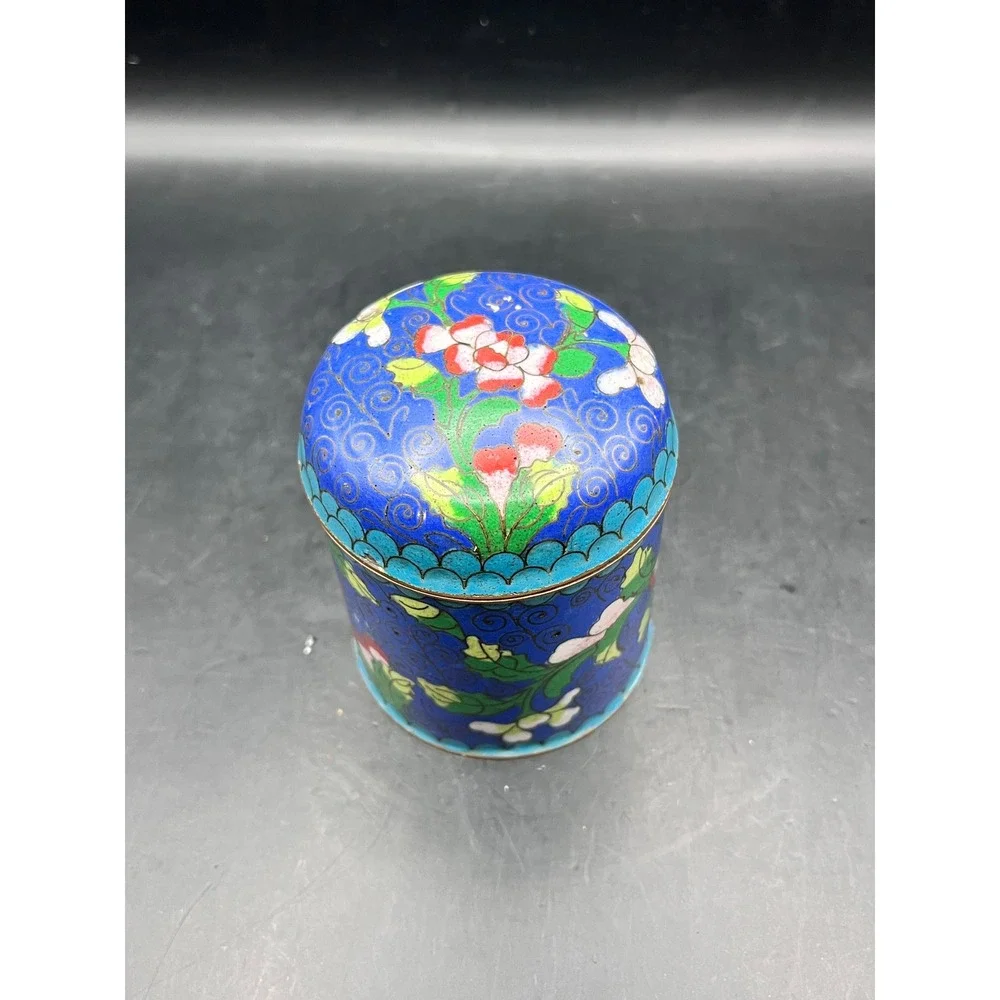 Antique Cloisonne Trinket Tea Box Spice Jar Cobalt‎ Blue Floral Brass Lid 3.5